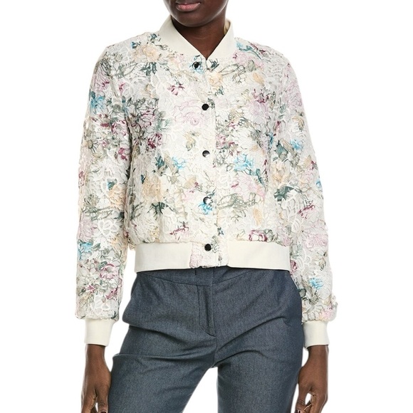 Nanette Lepore .  Cream and Blue Bomber Jacket with Floral Print - Picture 1 of 12